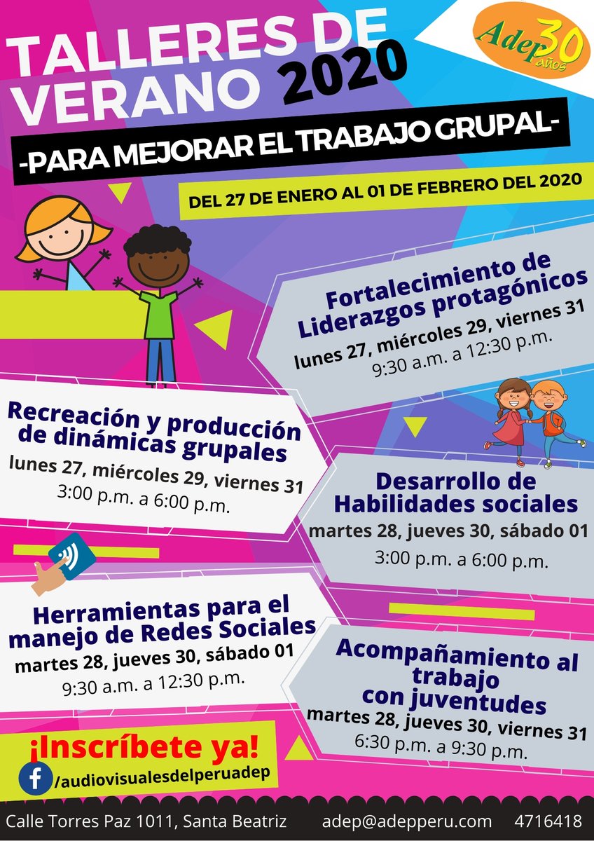 Adep_'s tweet photo. #TalleresdeVerano2020

¡Qué alegría!
Te invitamos a participar de nuestros Talleres de Verano 2020 -Para mejorar el trabajo grupal-. Del 27 de enero al 01 de febrero del 2020.
📌 Inscripciones: https://t.co/IBxLwZufDO
📌 Información: https://t.co/kEeEK28QfO
#Participa #Inscríbete https://t.co/N0WMsodyTX