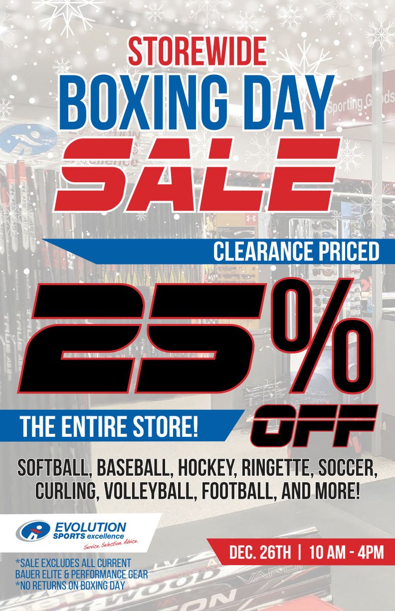ONE DAY ONLY! This Boxing Day, take 25% off the entire store and online!! 

For online shopping, use code box19 at checkout! ecs.page.link/fss2c 

*Sale excludes all current Bauer Elite &amp; Performance gear
*No returns on Boxing Day