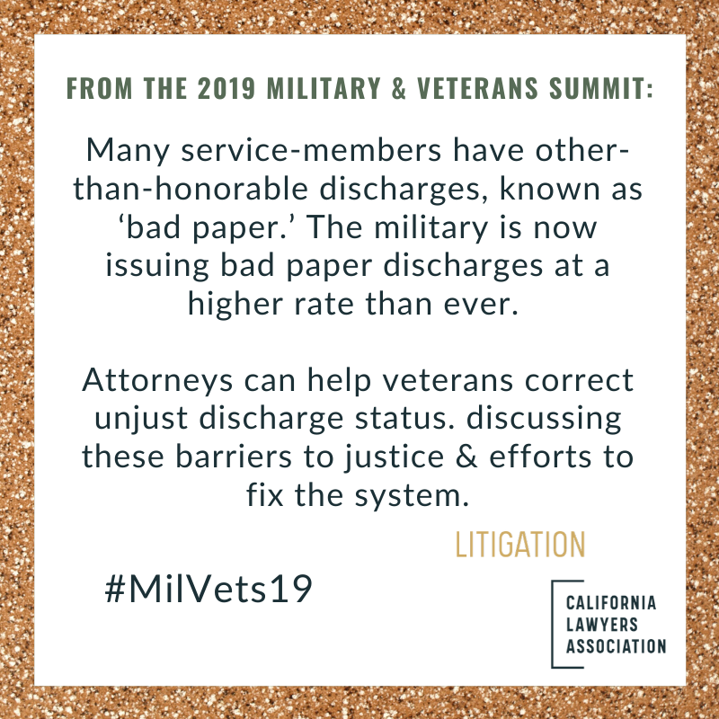 CLALitigation's tweet photo. How can attorneys help our veterans? One takeaway from our recent Military and Veterans Summit. Find more by searching #MilVets19. #CALawyers @vetshelpingvets https://t.co/zCxWLqHcNS