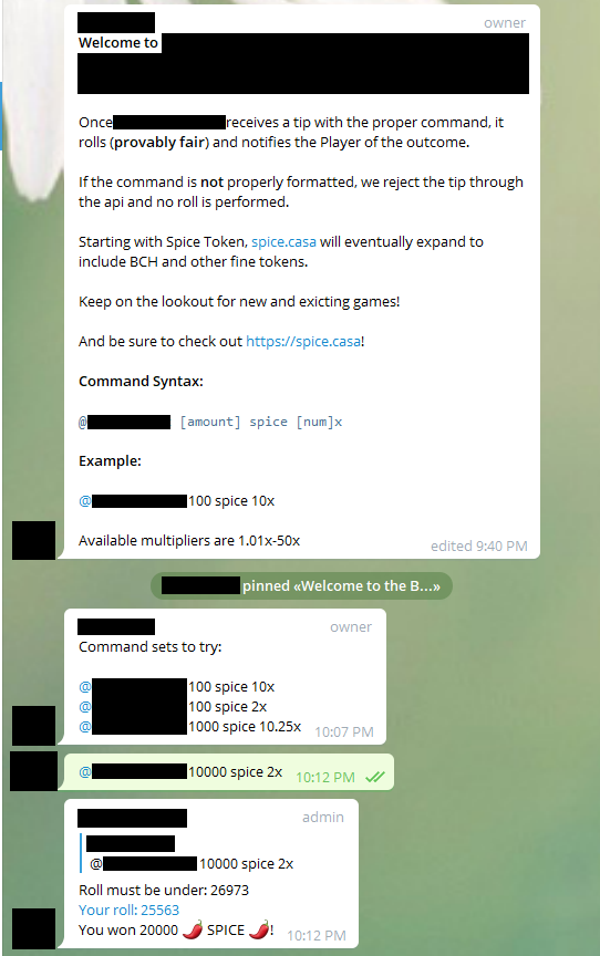 SpiceCasa's tweet photo. World's FIRST #SLP telegram dice bot!
Provably Fair! and Coming Soon! π
#BitcoinCash #Spice #ItMustFlow https://t.co/l4VFZHNFnk