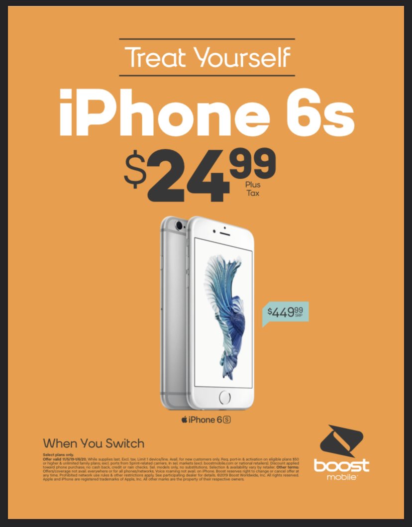 ewbyboostmobile's tweet photo. iPhone 6s has gone WAY DOWN to $24.99 when you switch! OR $79.99 with upgrade!! Take advantage of this sweet limited time deal and that’s while supplies last folks! Up to $425 in SAVINGS! #bestvalueinwireless https://t.co/cXNER7VYQ9