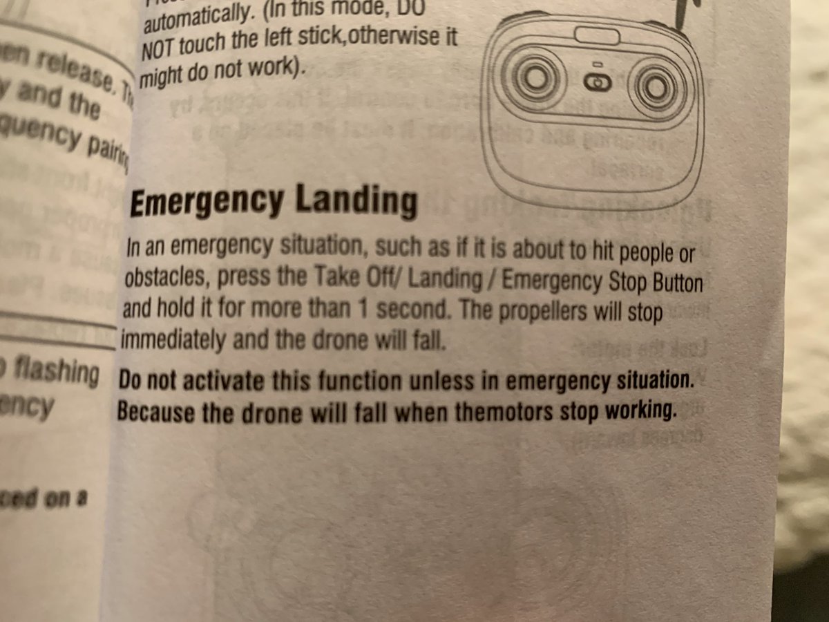 In an emergency situation, such as if it’s about to hit people or obstacles, press Take Off / Landing / Emergency Stop Button and hold it for more than one second. The propellers will stop immediately and the drone will fall.