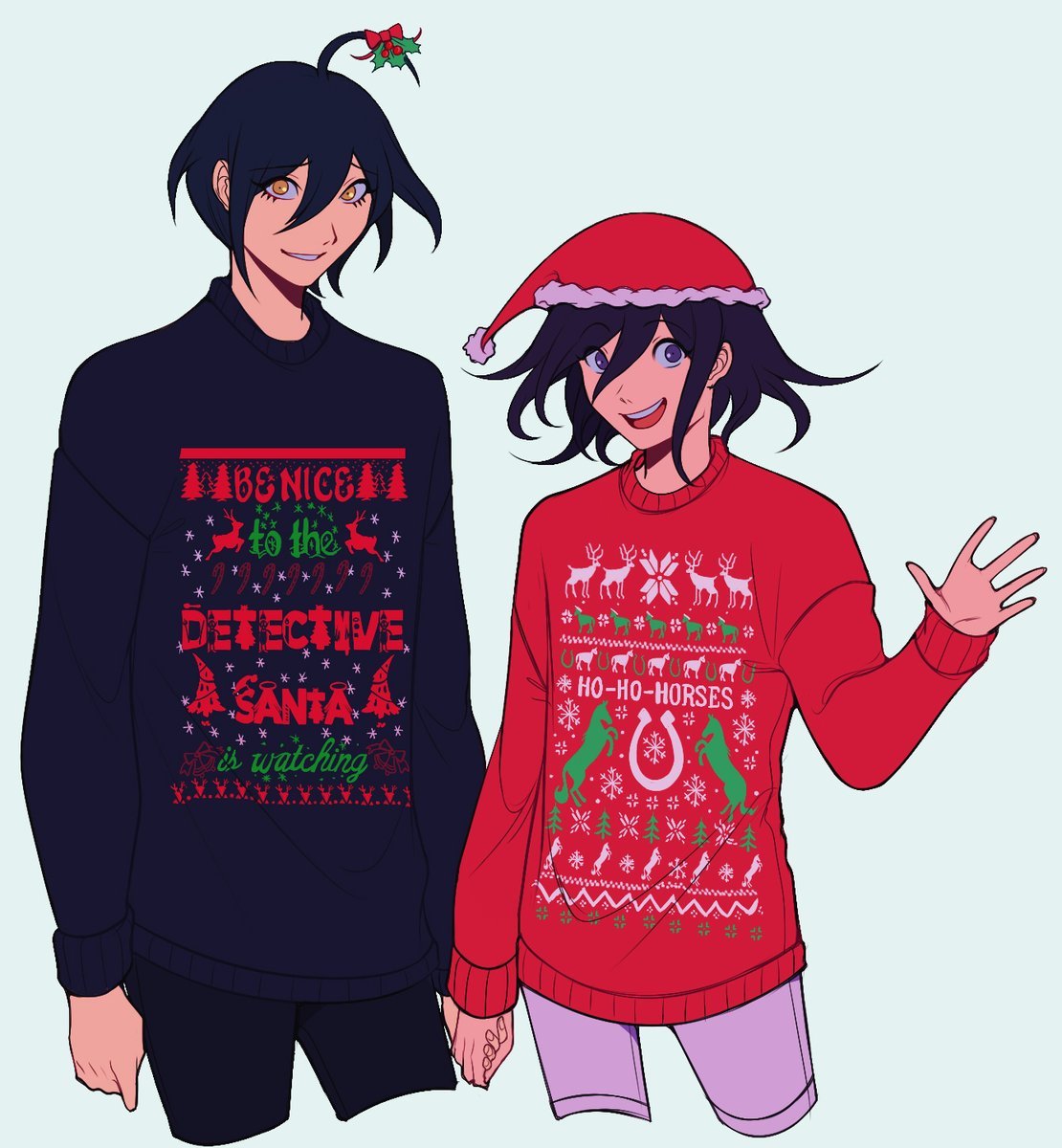 i saw these very specific christmas sweaters and i was like... well i can't not draw saihara and ouma wearing them now