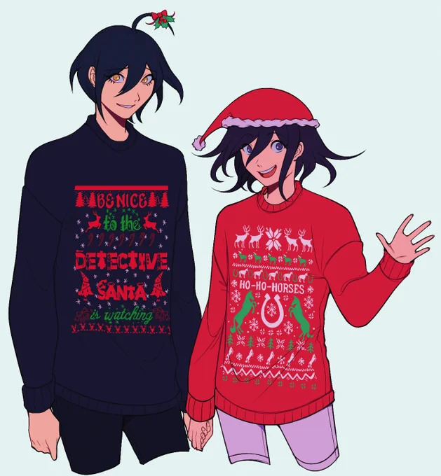 i saw these very specific christmas sweaters and i was like... well i can't not draw saihara and ouma wearing them now 