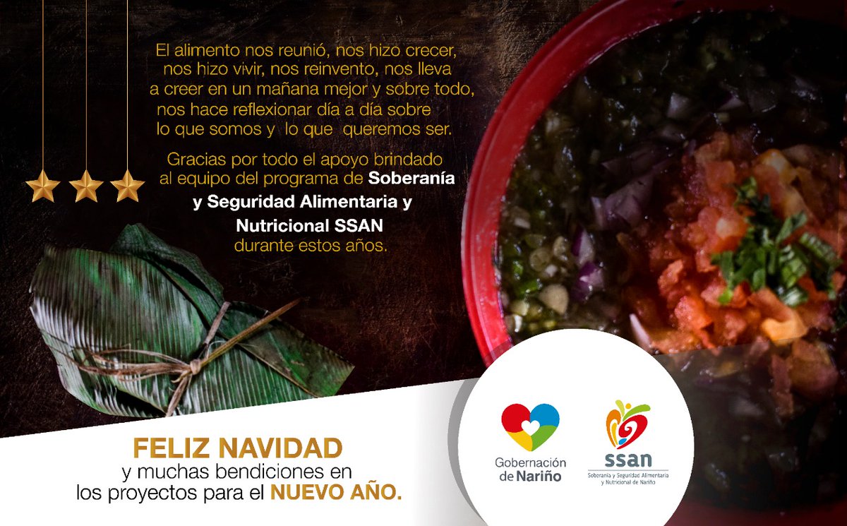 SSANSSAN4's tweet photo. Desde el Programa de SSAN les deseamos una Feliz Navidad y un Prospero Año 2020.

Agradecemos el apoyo brindado a nuestros proyectos durante estos 3 años que permitieron generar acciones entorno a la Soberanía y Seguridad Alimentaria y Nutricional del Departamento de Nariño. https://t.co/qg46wv1ZU5