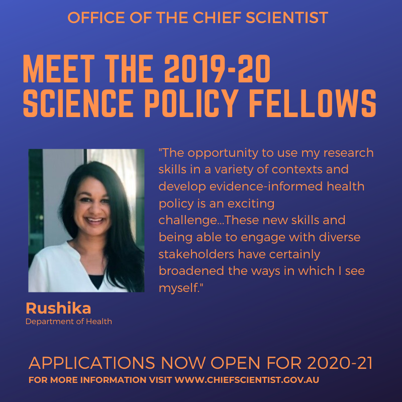 ScienceChiefAu's tweet photo. Wondering what to get that special early career scientist in your life for Christmas? Send them this tweet so they know to apply for the Science Policy Fellowship by 13 Jan 2020 https://t.co/b8dlPuflQX. Rushika (Fellow #8) talks about her experience 👉https://t.co/bSyMbI1zWl https://t.co/2mZuGq5WIf