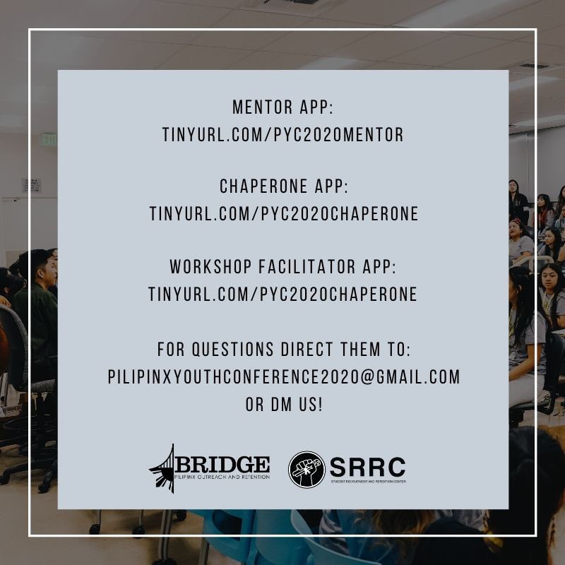 ucdbridge's tweet photo. Applications for Mentors, Chaperones and Workshops have been extended until this Sunday!!! Do NOT miss out on your chance to be a part of PYC2020 🔥 Feel free to DM us with any questions you might have. https://t.co/TFGBppeP5J