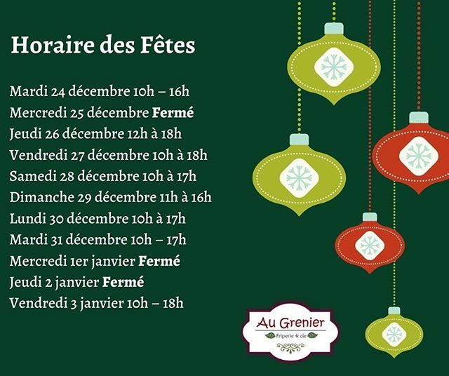 augrenierfrip's tweet photo. Voici notre horaire du Temps des Fêtes! 🌲 
#augrenierfriperie https://t.co/jHHOUjW8fX https://t.co/epjV8qAyxZ