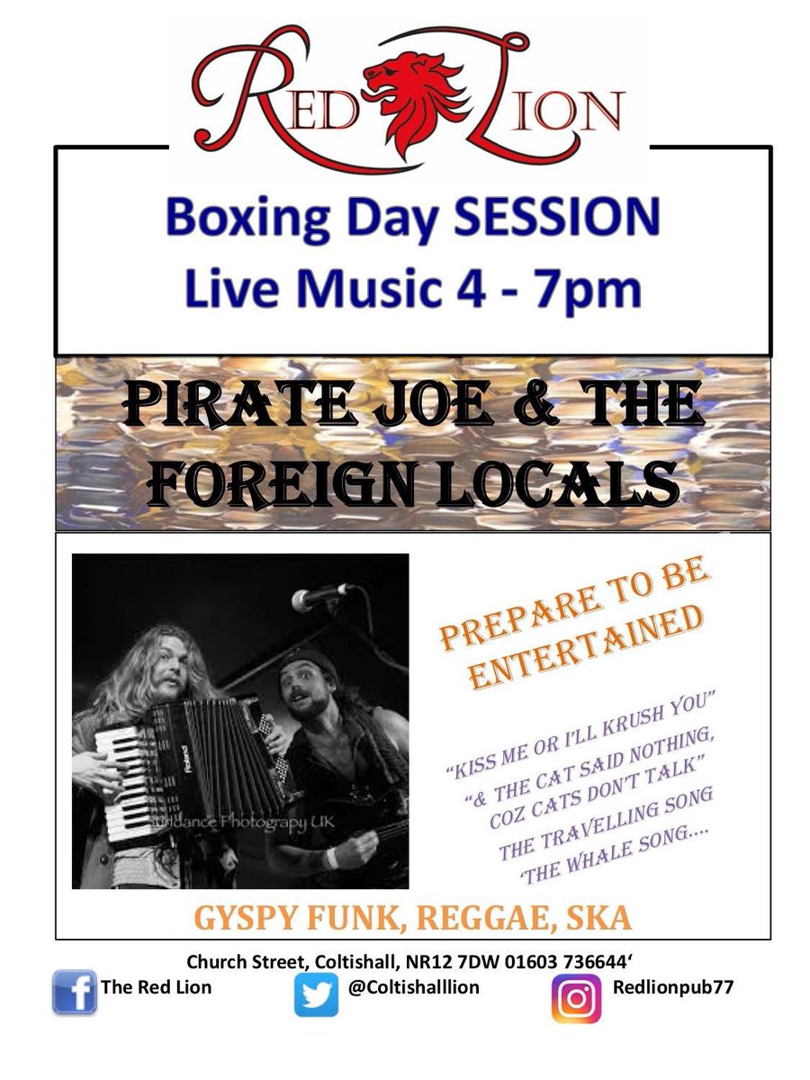 #piratejoe and 2 #foreignlocals are coming our way #boxingday #pubmusic #livemusic #coltishall