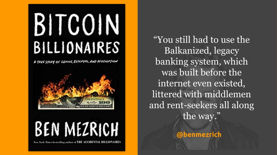 A highly engrossing narrative (soon to be movie), following the journey of the @winklevoss twins, Bitcoin Billionaires is a highly accessible introduction to Bitcoin via  @benmezrich
