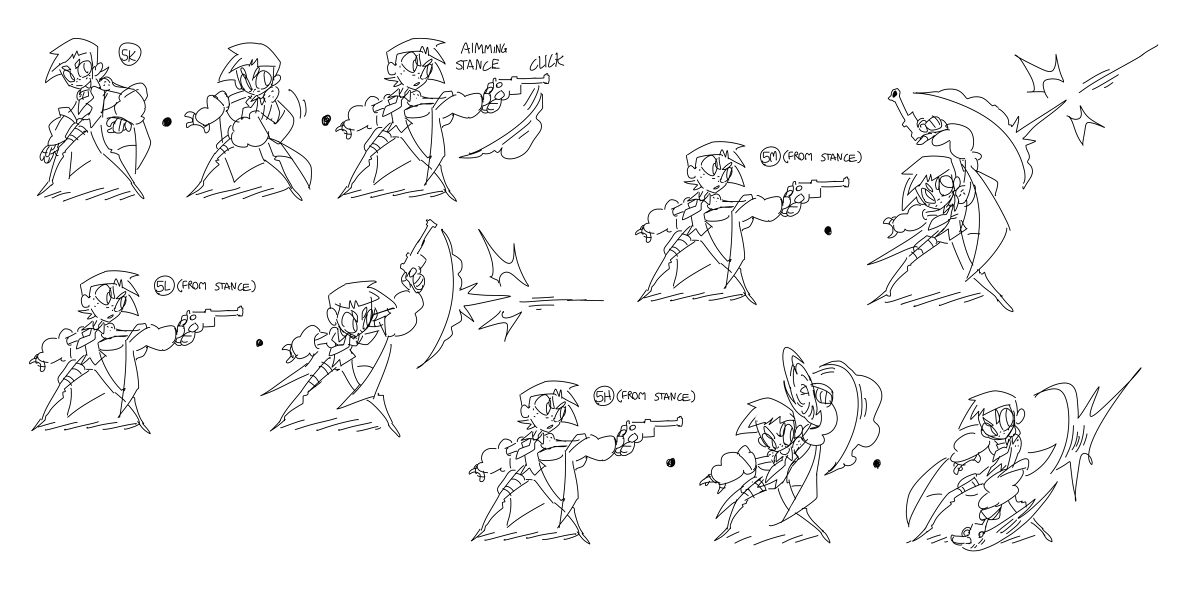 ALREADY rethinking how i want [killer] imputs to work. thinking theyll be character specific moves ala drives in blazblue. for red it puts her into an aiming stance with her luger. can still do that sick pistol whip though. 