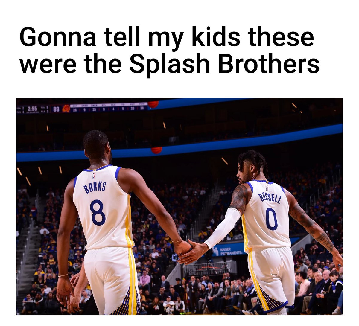 gswmemes's tweet photo. The Warriors are on a two game winning streak! The beat the Timberwolves 113-104 behind 55 points from Russell and Burks https://t.co/ka8rh9mbm9