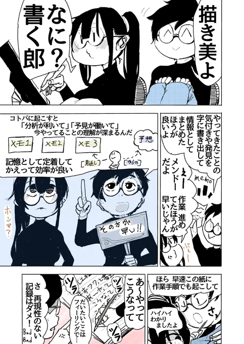 オリジナル漫画-全1p【ゲームで言うセーブみたいなもんよ】

#書く郎と描き美のWあんどD #タテマエ書く郎 #ホンネ描き美

作業の気付きのメモは小まめにしようって話

何度も繰り返して記録の質を高めたほうが良い

鍛えなければ衰えるという意味では筋肉と同じ

継続に日を重ねて記録力を鍛錬する 