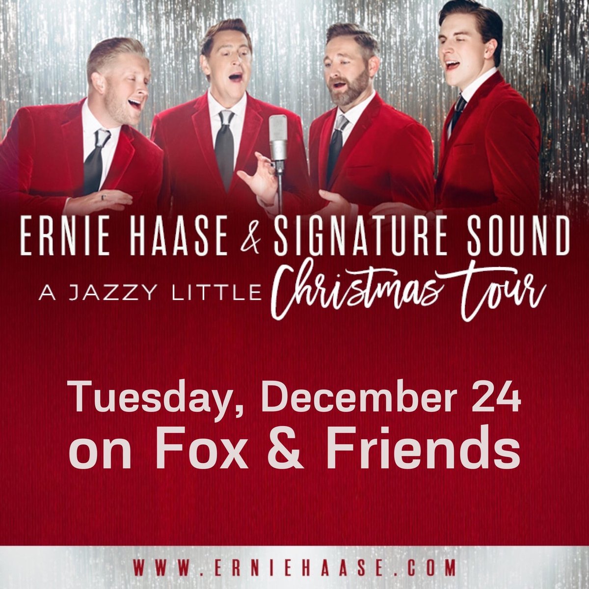ErnieHaase's tweet photo. EHSS is singing on Fox &amp; Friends Christmas Eve morning!  The show airs from 6-9am EST.  So set your alarm, set your DVR and enjoy a couple of songs from "A Jazzy Little Christmas" to start your Christmas Eve day! https://t.co/KUafsLB6Qt