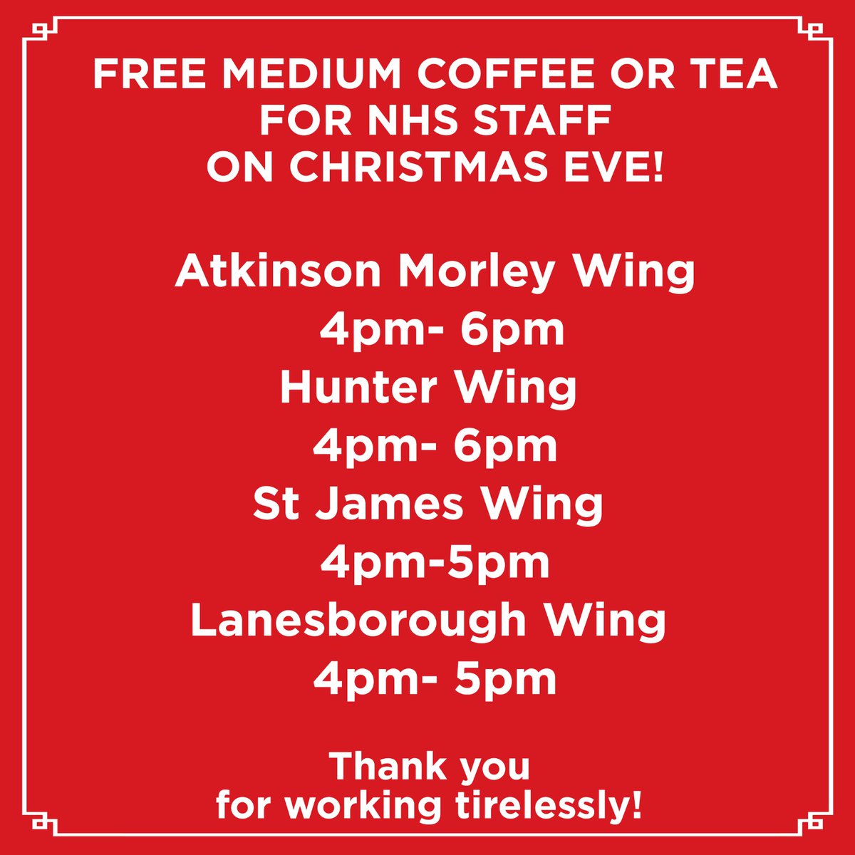 We would like to offer all NHS staff working on Christmas Eve at St Georges Hospital a free medium coffee or tea. 

Times and locations below. Merry Christmas. 🎄👨‍⚕️👩‍⚕️🎁

#Peabodyscoffee #Peabodys #NHS #workingatchristmas #instadoctor #instanurse #stgeorgeshospital