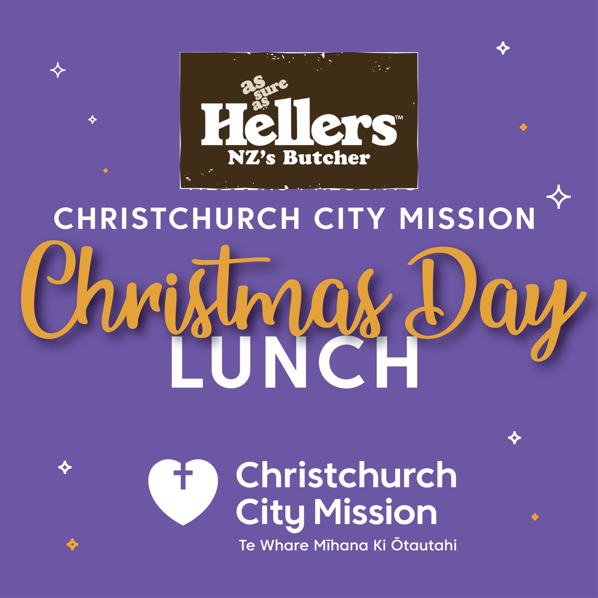 This year the Christchurch City Mission Christmas Day Lunch is brought to you by Hellers. Lunch starts at 12.00pm, Wednesday December 25th at 311 Gloucester Street. A big thank you to the team at Hellers for supporting our community!