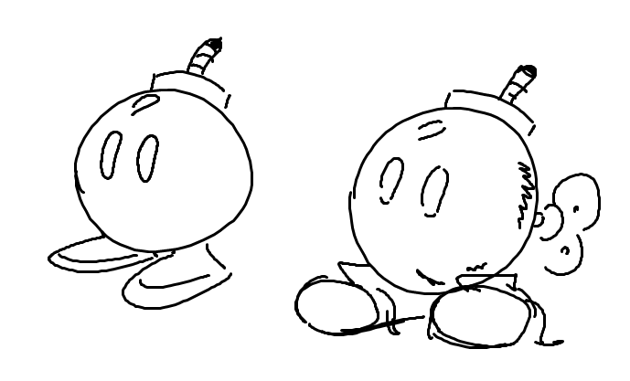 so, I'm obsessed with the fact that in SM64 DS, Bob-Omb buddies got a new pair of kicks (shittily drawn on the left), but that gave me the idea of drawing a Bob Omb wearing actual kicks. 