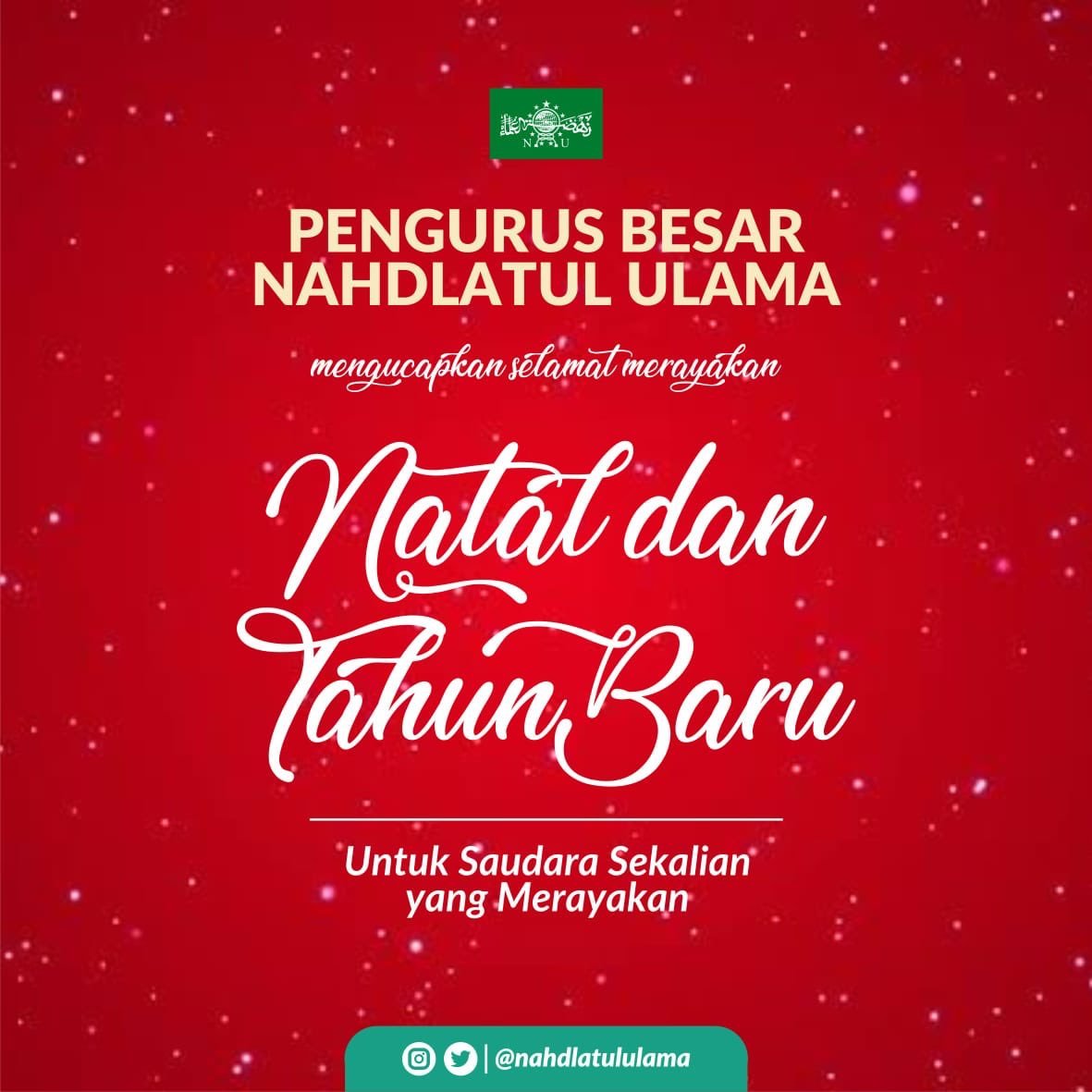 Pengurus Besar Nahdlatul Ulama mengucapkan selamat Hari Natal 2019 bagi umat Kristiani.

Semoga kedamaian selalu menyertai kita semua. Amin.