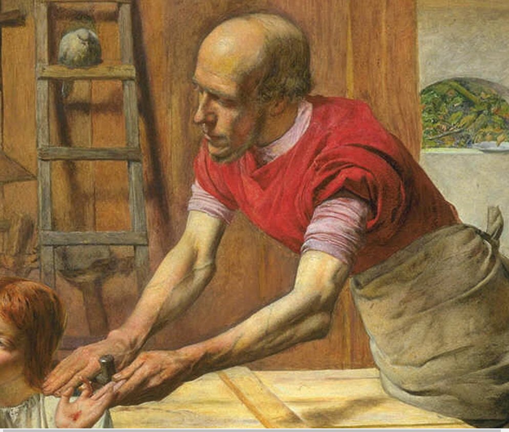 The shop was based on a real carpenter's shop, found in Oxford Street. The people were painted from life, and NOT professional models; they were family and friends. Joseph, for example, has Millais' father's head, and the work-toughened arms of an actual carpenter.