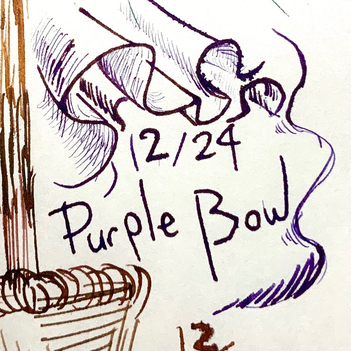 12/24  Purple Bow?
#はとインクカレンダー
訳がわからなくて困ったんだけど、「高貴なご挨拶(お辞儀)」かな…?
スタンダードの紫、フラッシュはないんだけど色が明るいからインクの照り返しが光ってみえるね。高貴な、だろうなと思えるような品の良い鮮やかな紫! 