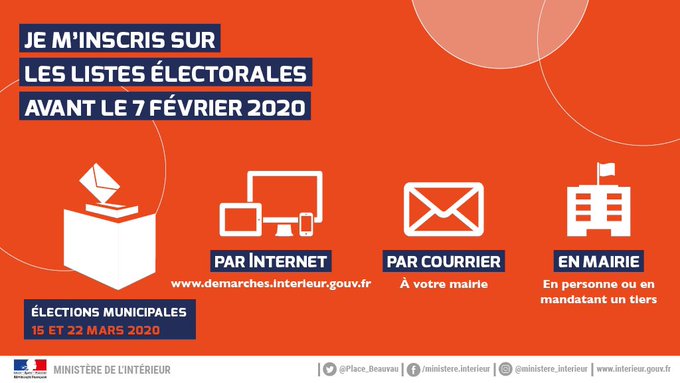 [#Municipales2020] 
Les élections municipales et communautaires à #Lorient auront lieu les 15 et 22 mars 2020.
🗳️ Vous pouvez vous inscrire sur les listes électorales jusqu'au 7 février 2020
✅ Comment?👉 démarches.interieur.gouv.fr 

#Lorient2020 
#Mun56100