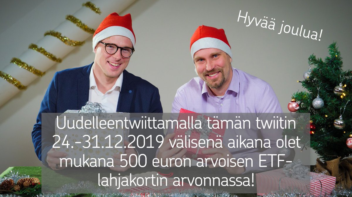 Hyvää joulua🎄

24. luukussa on ETF-lahjakortin arvonta. Osallistu retwiittaamalla tämä viesti. Voittaja julkaistaan ja kontaktoidaan 2.1.2019 Twitterissä.

Ps. Ensi vuonna #ETF-toimeksiannot ilman toimeksiantomaksua kaikille OP:n omistaja-asiakkaille!🎅

youtu.be/8GLpCLtCIGQ