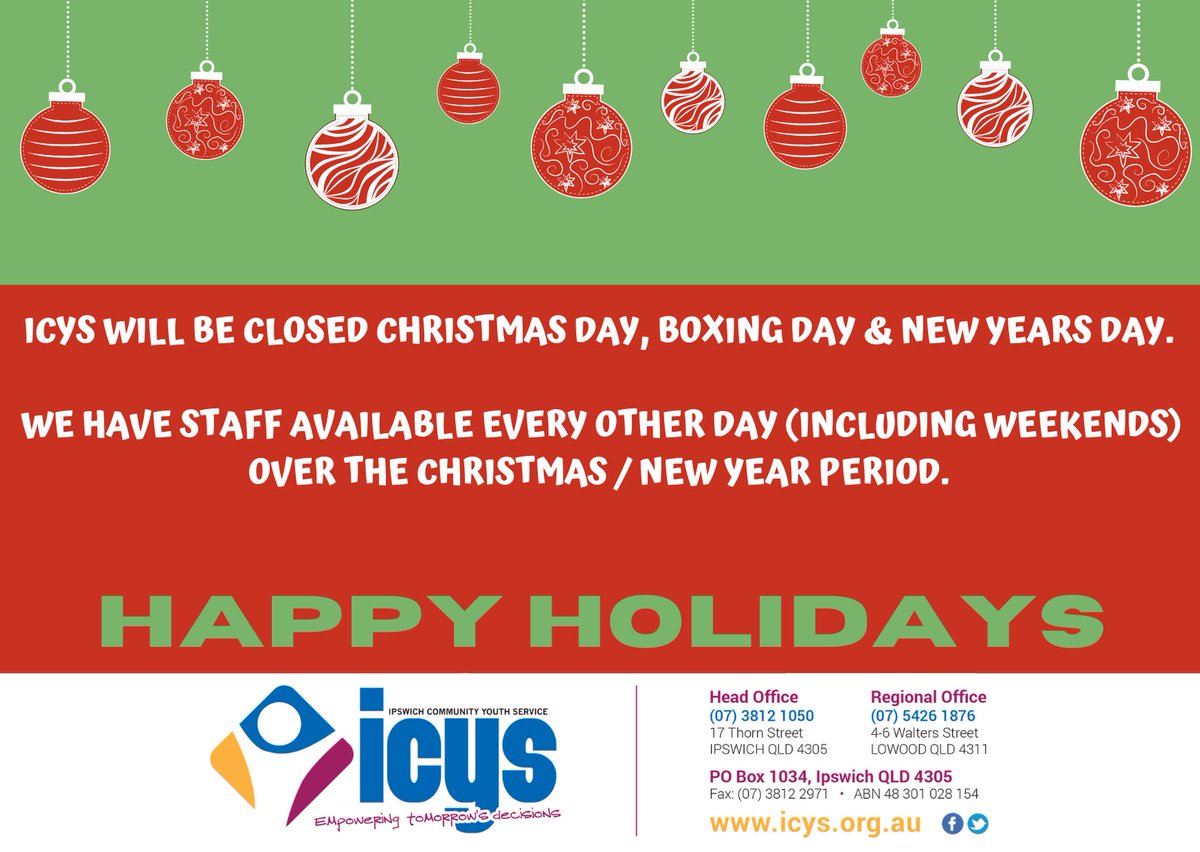 ICYSinc's tweet photo. Amanda &amp; the team at ICYS wish you an amazing Christmas and New Year break 🎄 While some of our staff are taking a short break, we have a reduced team available over this period to assist you 🤗 #ipswichqld #icysinc https://t.co/QJKIUkC9T4