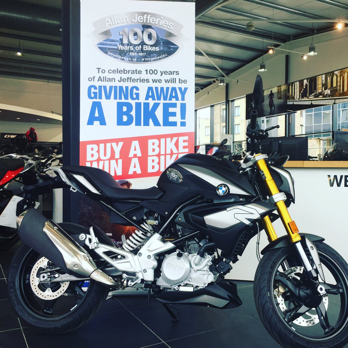 VMBMWMotorrad's tweet photo. TODAY'S THE DAY!! The winner of the brand new G310R will be drawn at 11am! #buyabikewinabike #100yearsofAJ #bmwmotorrad #makelifearide #Competition https://t.co/9dEvrT8VRF