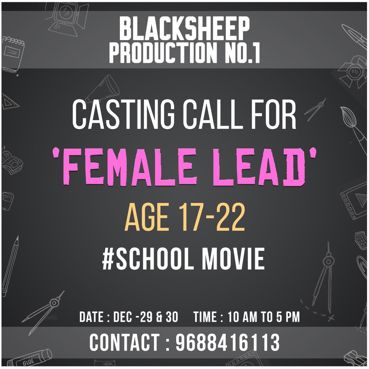 BSStudiosOffl's tweet photo. CASTING CALL FOR "FEMALE LEAD"...📣📣📣
Contact : 9688416113
#BlackSheepProductionNo1 #SchoolMovie #BlackSheep #Unakkennapaa https://t.co/G4FKPa5Mqb