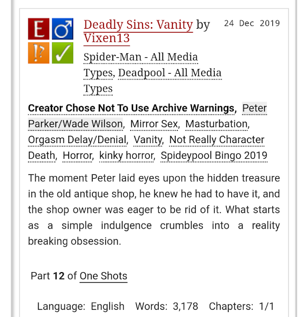 The_Vixen13's tweet photo. Fifth @SpideypoolBingo fic, and cutting it super close to the deadline. @.@
Deadly Sins: Vanity
https://t.co/tGQus64fnX https://t.co/eA2GQGm25w