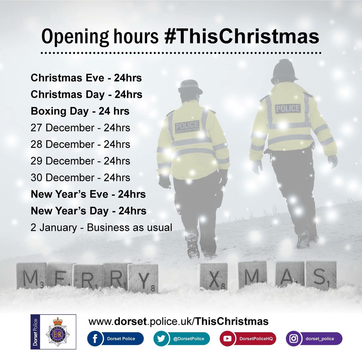 A 'Christmas opening hours' sign showing the emergency services open 24 hours a day