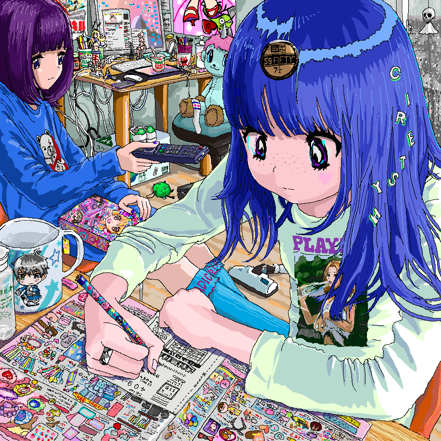 multiple girls blue hair 2girls long sleeves shirt cup bangs  illustration images