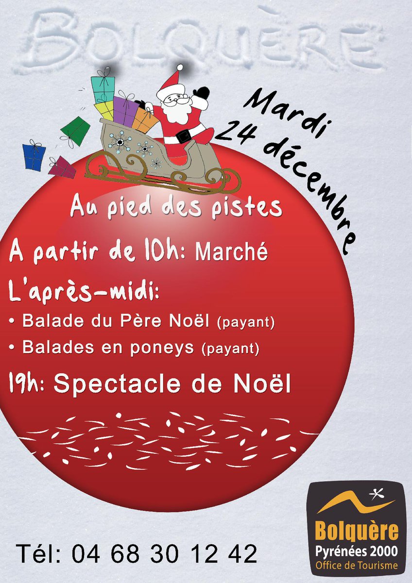 INCONTOURNABLE ce soir 24/12
Feu d'Artifice de Pyrénées 2000
19h descente aux flambeaux
        Arrivée du Père Noël 
        Feu d'Artifice Pyrotechnique des 50 ans de la sation
        Le Papa Noël arrivera les bras chargés de surprises pour tous les enfants prèsents.