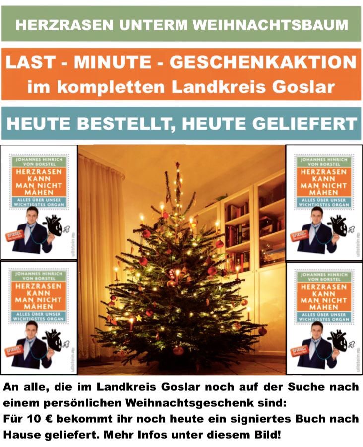 Wenn ihr mir heute bis 17:30 Uhr eine Nachricht schreibt, komme ich noch heute für 9,99 € mit einem signierten Buch vorbei. 

Der Erlös dieser Aktion wird an den Förderverein Robinsonspielplatz-Harz e.V und die Bahnhofsmission Zoologischer Garten Berlin gespendet.