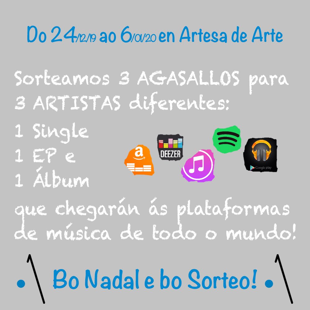 ArtesadeArte's tweet photo. Queremos celebrar este Nadal con música galega!

Por iso imos sortear o lanzamento mundial dun Álbum, o dun EP e tamén o dun Single; a todas as plataformas dixitais de música. E de balde!

Entérate de todo acó: https://t.co/xASLU0Da9w

Moi boa sorte e moi bo Nadal a todis! 🎉🎉 https://t.co/bfUWdQaM0w