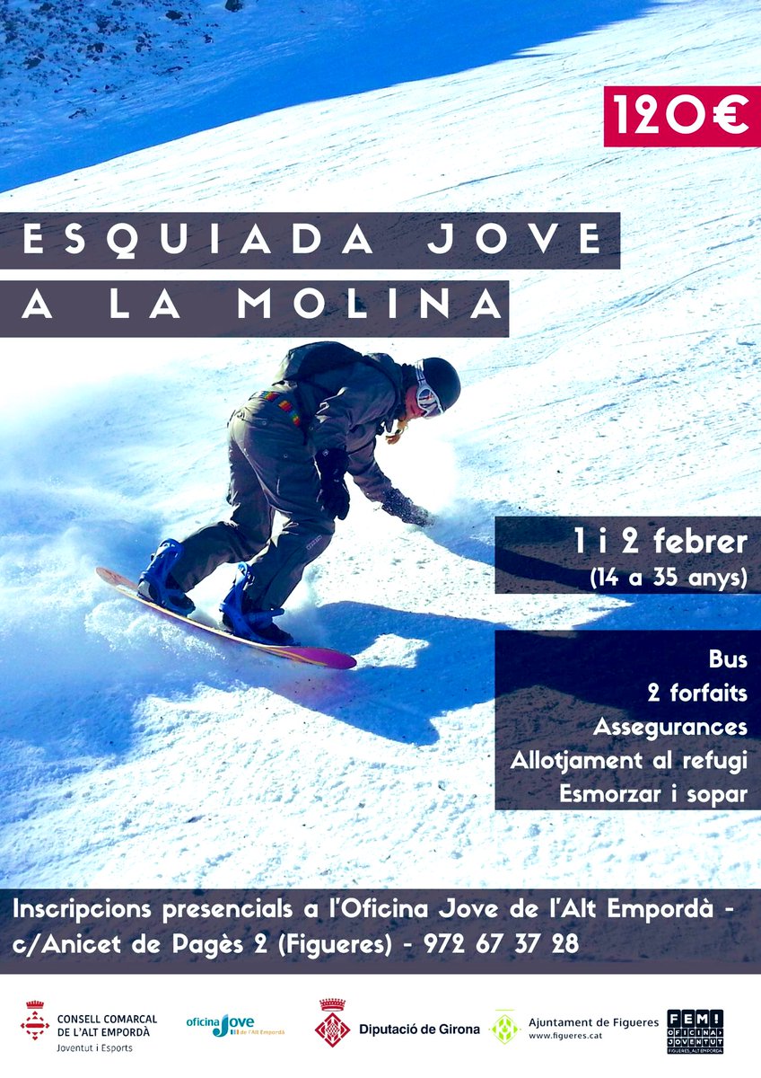 El millor regal x un #BonNadal
ESQUIADA JOVE 2020 🏂 <a href="/CCAltEmporda/">Consell Comarcal de l'Alt Empordà</a> (1 i 2 de febrer)

❄️ 2 Forfaits <a href="/SnowLaMolina/">La Molina</a> + assegurança + desplaçament + equip de monitors + allotjament + mitja pensió a l'alberg = 120€ 🤑

⛄️ Inscripcions: empordajove.cat/activitat/193/…

#FemXarxa #AltEmpordà
