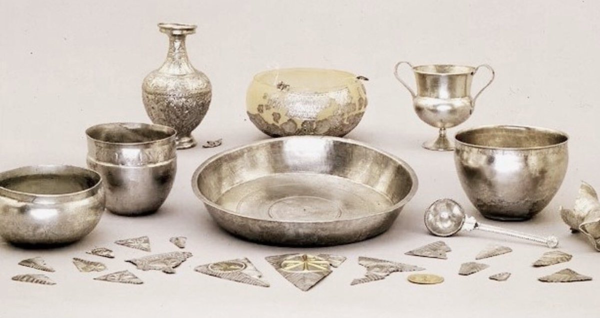 And by late Roman Christian liturgical silver like the 9 silver vessels & 19 plaques from Water Newton, near Peterborough, perhaps the oldest to survive ( https://research.britishmuseum.org/research/collection_online/collection_object_details.aspx?searchText=Water%20newton&images=true&ILINK%7C34484,%7CassetId=190764001&objectId=1364283&partId=1)
