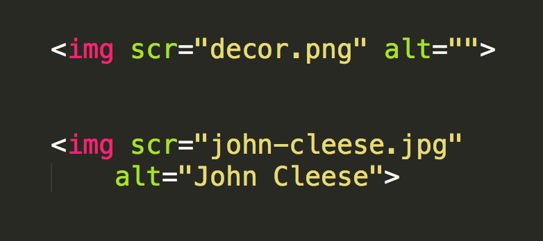 HTML markup, the first showing an alt attribute with no value, the second with an alt value of John Cleese