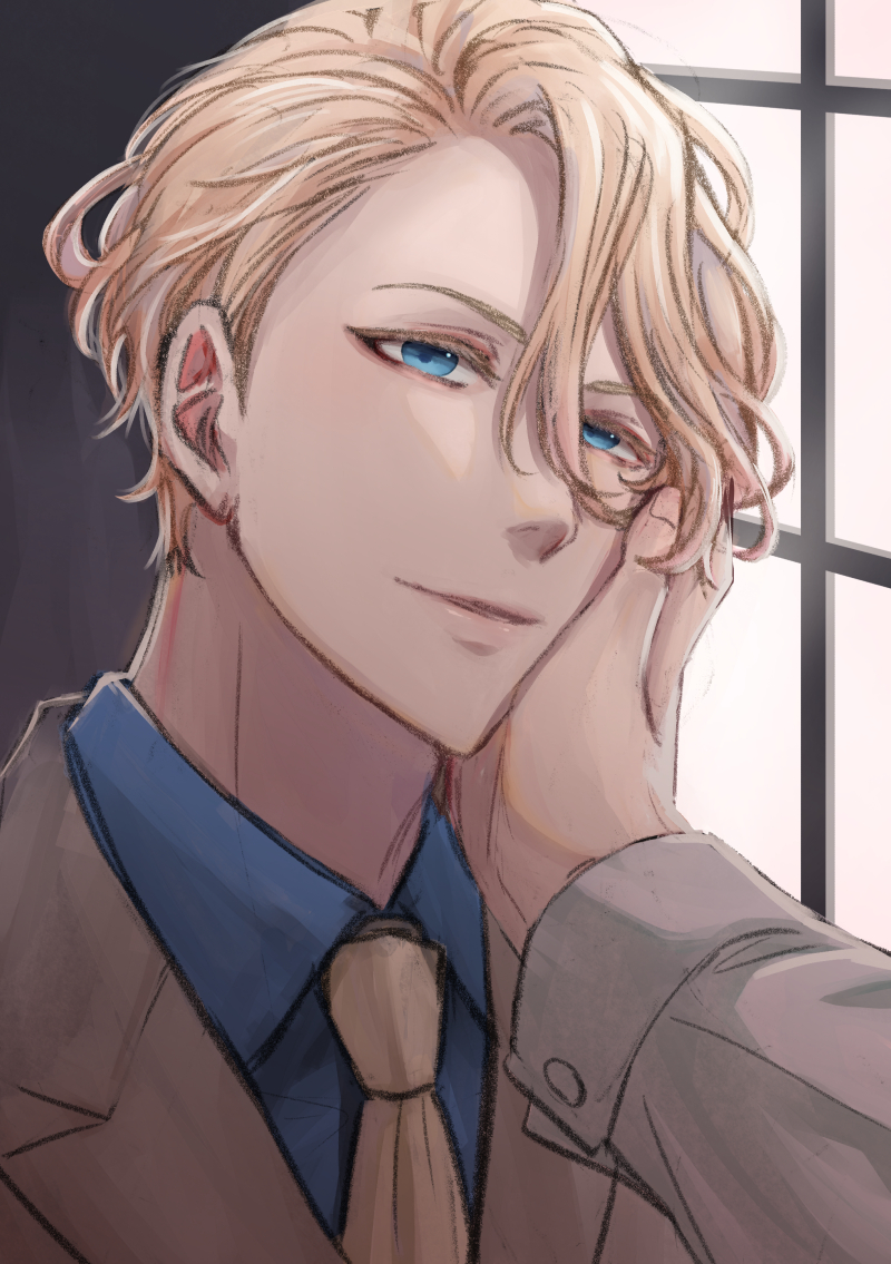blonde hair blue eyes male focus necktie 1boy hand on another's face shirt  illustration images