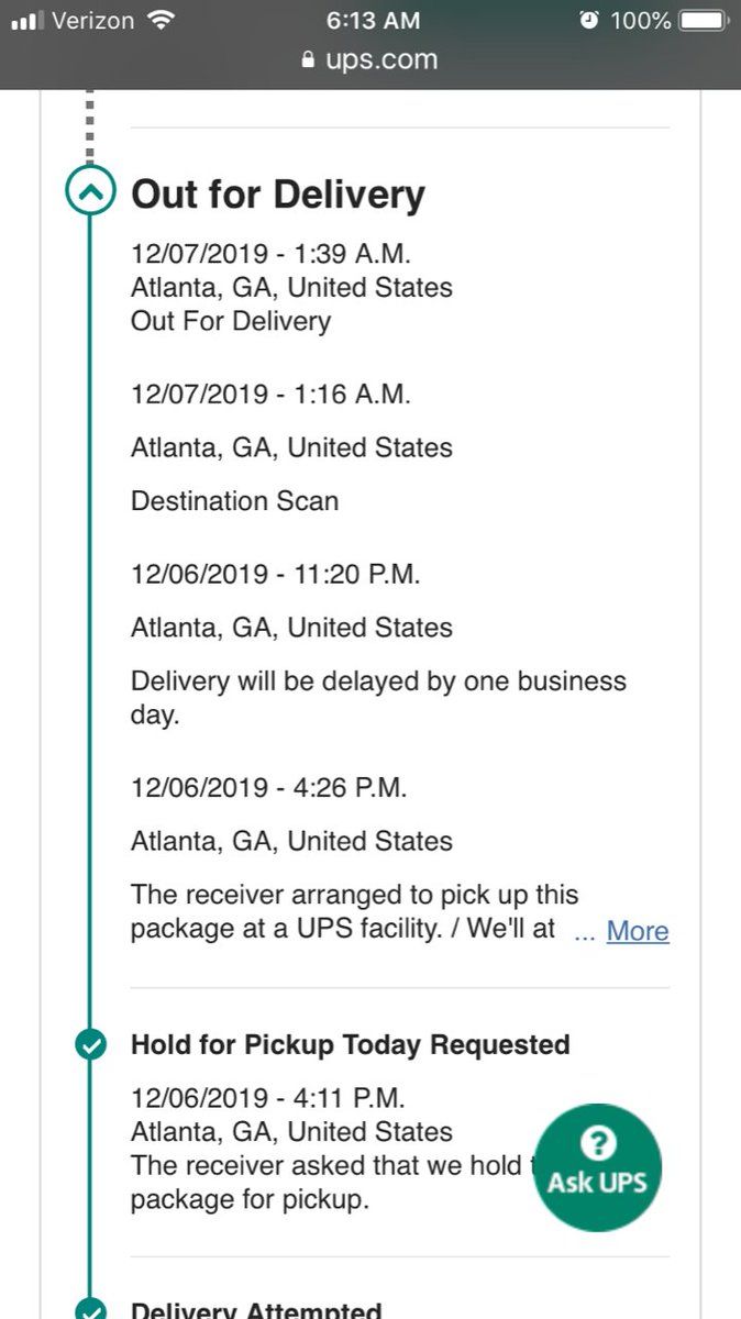 WideTreePond's tweet image. Fri 7 Dec: Get up early to pick up package.  #UPS update says package is out for delivery!  #UGH. See attached.  Note &apos;delivery delay&apos; and &apos;out for delivery&apos; notes are 2 hours apart.  #FailureToCommunicate