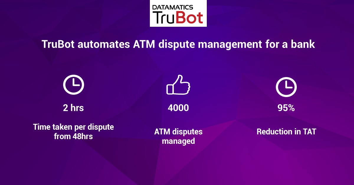 Datamatics's tweet image. Read how Datamatics helped one of the largest banking groups in the Middle East to automate their entire process of handling ATM disputes bit.ly/2PSb9El

#Datamatics #TruBot #banks #automate #rpa