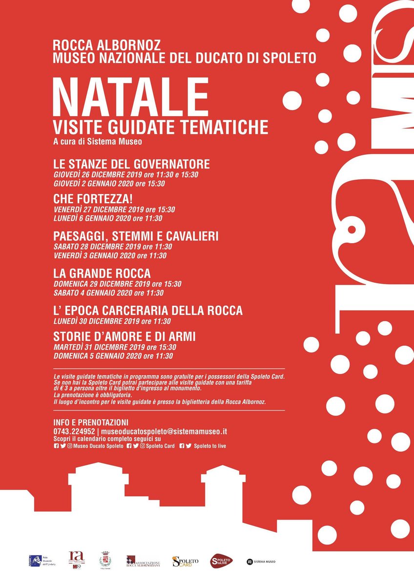 #sorpresesottolalbero per voi il programma delle speciali visite guidate alla <a href="/RoccaAlbornoz/">Museo Nazionale del Ducato di Spoleto</a> in occasione delle festività natalizie! 
📌primo appuntamento il #26dicembre ore 11.30 e 15.30 : "Le stanze del Govenatore"
Per informazioni e prenotazioni > 0743.224952
Vi aspettiamo!