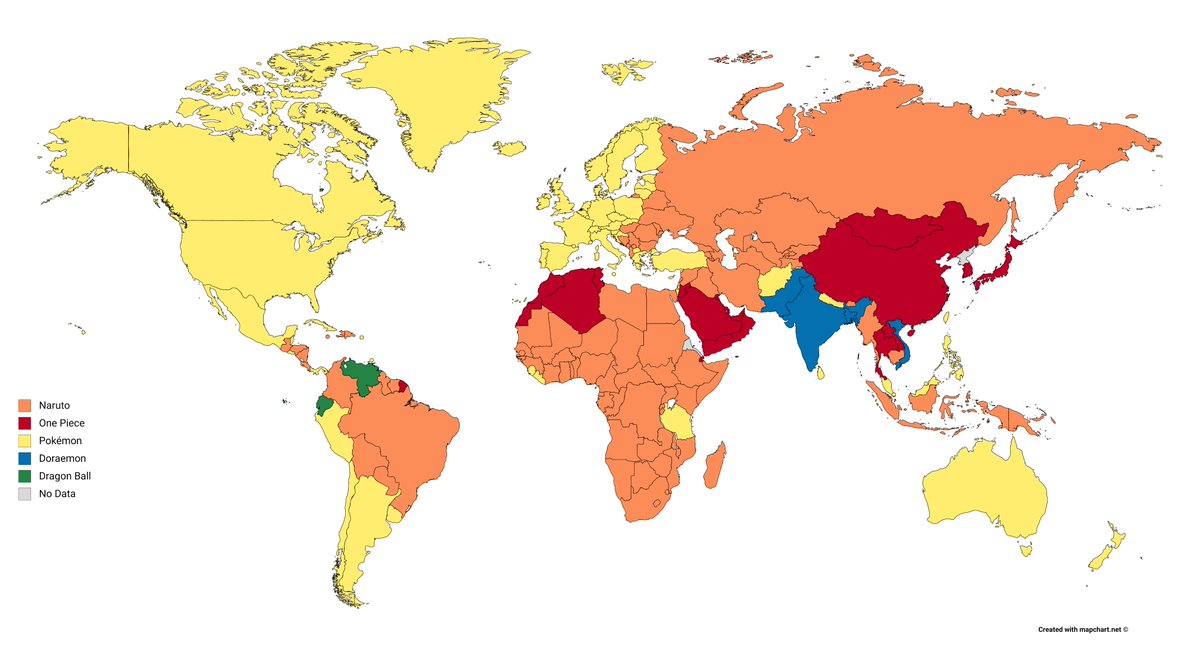 とぅーれ アフリカで頑張る商人 Twitterissa 国別 最近5年で人気のあるマンガ 肌色 ナルト 赤茶 ワンピース 黄色 ポケモン 青色 ドラえもん 緑色 ドラゴンボール 灰色 No Data 世界は ナルトとポケモンが二分している印象 アフリカ大陸は概ねナルトが人気