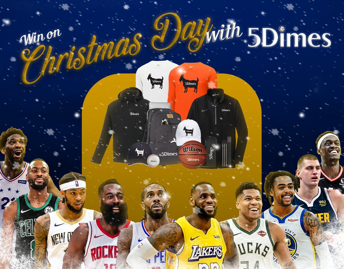 5DimesSB's tweet photo. 🚨 TWEET to WIN 🎁🎄🎅🤶⛄

Win #5Dimes merch on #ChristmasDay!

To enter:

1️⃣ RT this tweet.
2️⃣ FOLLOW: @5DimesSB
3️⃣ REPLY with the name of the highest-scoring player from all 5 Christmas Day #NBA games! 🏀⛹

💯 #PrizePacks are up for grabs so tag your friends. https://t.co/f3QIFsjSfi