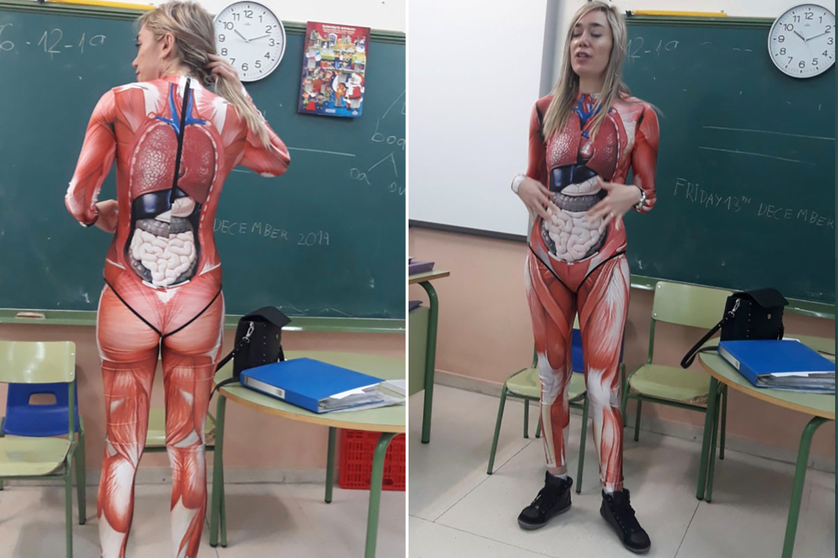 nypost's tweet image. Teacher explains anatomy to students in a skin-tight bodysuit trib.al/0FbWu8j