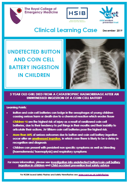 SAFETY ALERT: Undetected button battery and coin cell battery ingestion in children (especially over #Christmas with lots of new toys around)

#safety #alert #safercare #patientsafety <a href="/RCEMpresident/">Adrian Boyle</a> <a href="/emmaredfern5/">emma redfern</a> @hsib_org