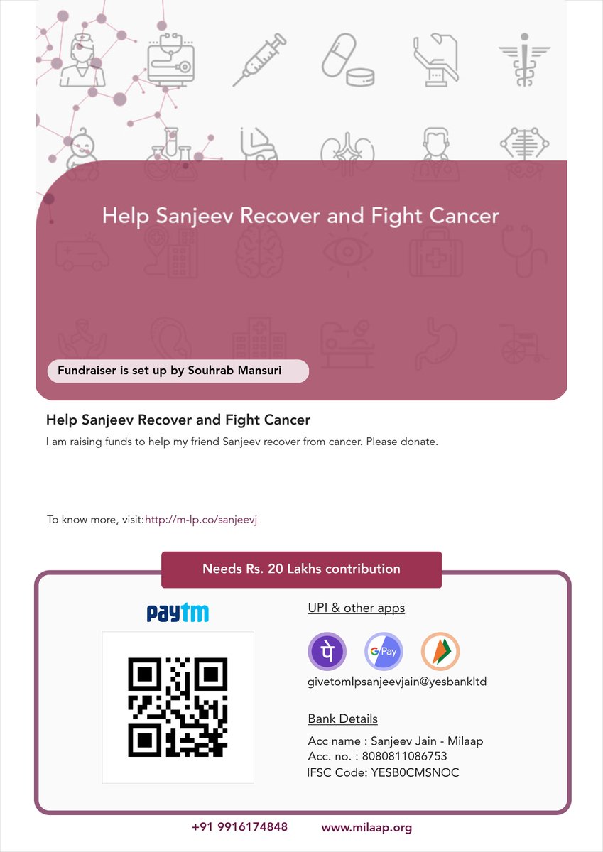 MansuriSouhrab's tweet image. DEAR FRIEND
one of my friend is suffering from cancer please help him by donate 
#HelpBella #helpblood #HelpRyanHelpSickKids  #helpsainithinyoutubeindia #CMLL  #PMModi #JaiNTR  #mahveer #SalmanKhan  #ShameonBollywood   #ChristmasTraditionsAndMe #cancer 
 
m-lp.co/sanjeevj