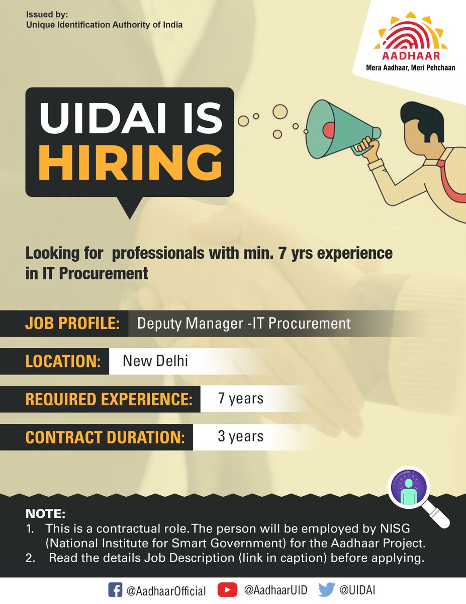UIDAI's tweet photo. #UIDAIisHiring for the profile of Deputy Manager -IT Procurement for New Delhi location. Interested candidates may directly apply from:
LinkedIn: https://t.co/HNErYMVjAF
Naukri: https://t.co/8AbDkculXr https://t.co/KWECrAEqvy