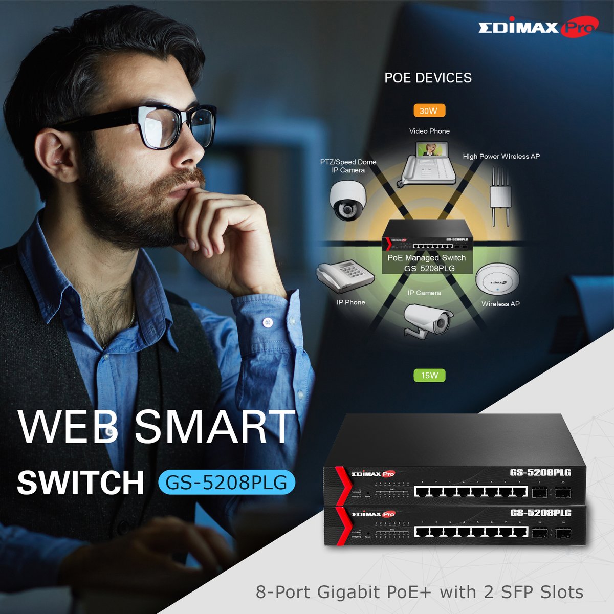 EdimaxME's tweet photo. 8-Port #Gigabit #PoE+ with 2 SFP Slots Web #Smart Switch
GS-5208PLG🔥
IEEE 802.3af/at PoE compliant.
Eight Gigabit Ethernet ports.
Up to 30W per port (total power budget: 160W) for powering PoE-enabled devices.
Auto-detection of powered devices (PD) and power consumption levels. https://t.co/1k9RB0CPNy