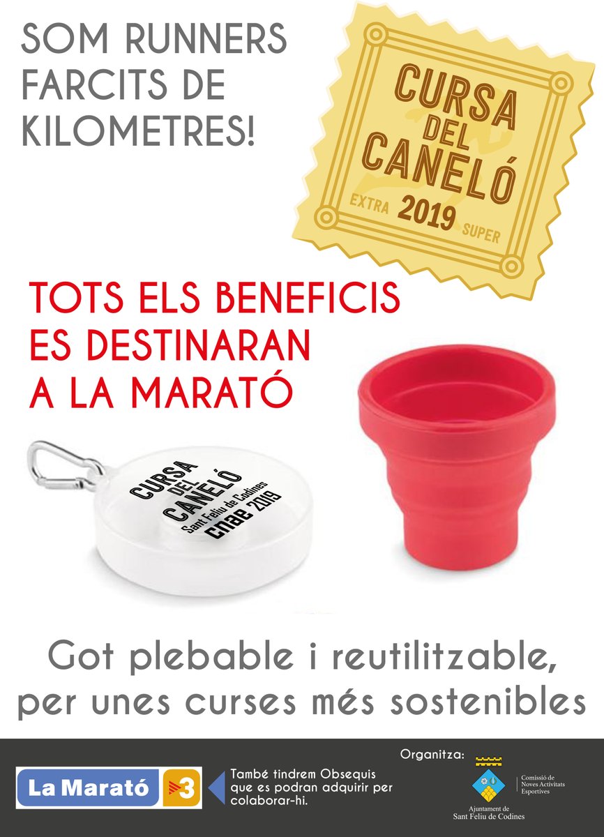 cnaesfc's tweet photo. Aquest Dijous Cursa del Caneló 2019, on podràs seguir col•laborant amb la Marató adquirint aquest meravellós got reutilitzable plegable.
Tornarem a utilitzar Càntirs per a servir-vos l‘aigua a l’avituallament final, on podreu estrenar el Got de la Marató.
#sfc182 #MaratoTV3 https://t.co/wv5Fat53If